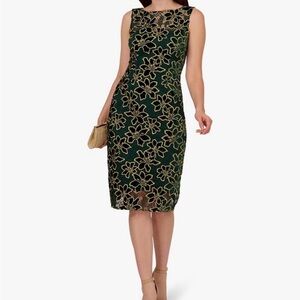 Women's Adrianna Papell Green Gold Floral Metallic Midi Dress Size 8